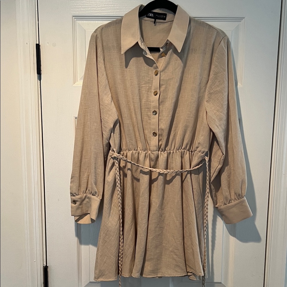 Zara Beige Long Sleeve Dress with Rope Belt